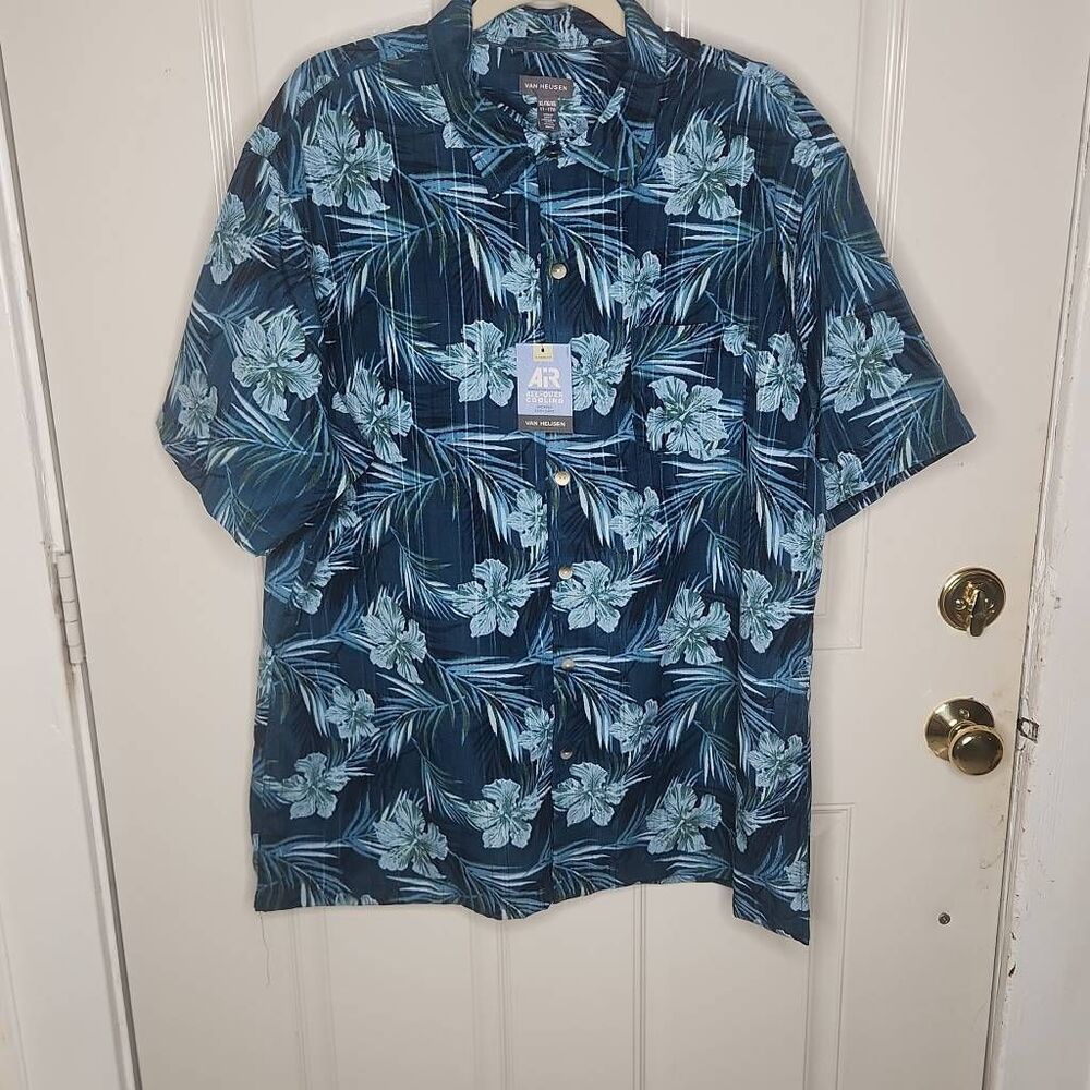 Van Heusen all over cooling blue tropical short sleeve shirt men's XL